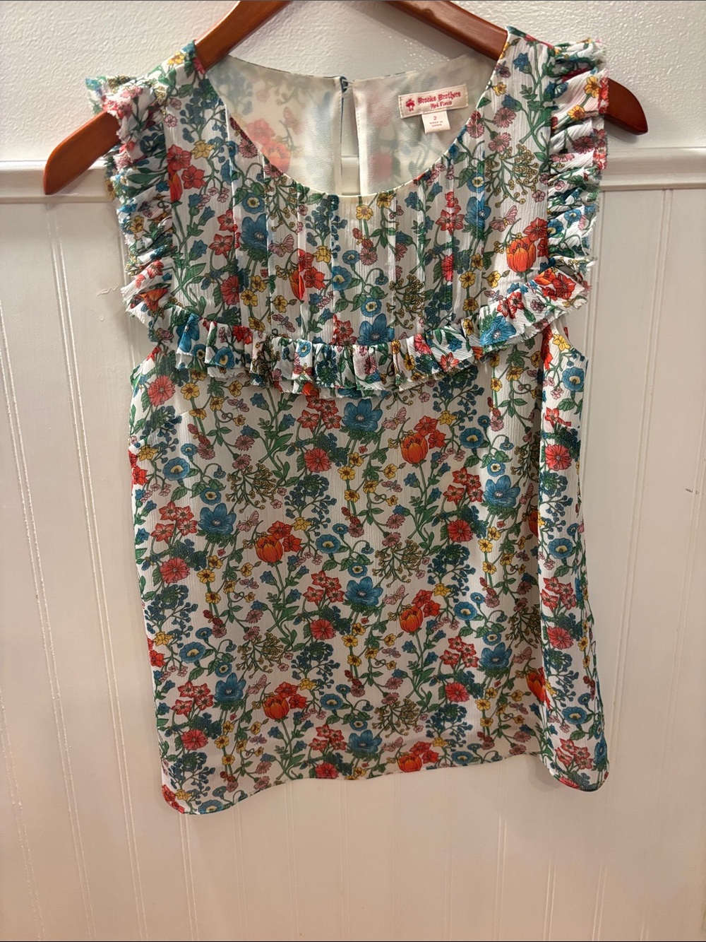 Brooks Brothers Floral Ruffle Shell Top in White, Blue, Red, Green